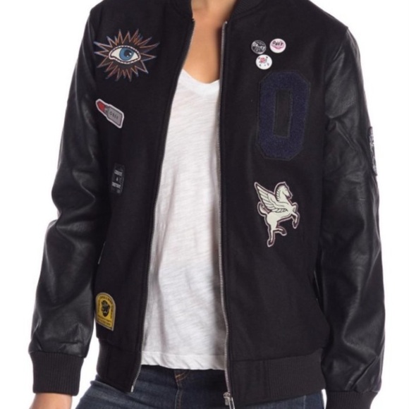 Obey Jackets & Blazers - Obey black faux leather sleeves Embroidered Patch bomber jacket S